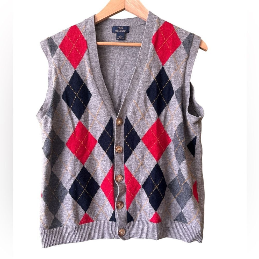 Brooks Brother Argyle 100% Merino Wool Button Down Vest Grey Red Navy Sz L